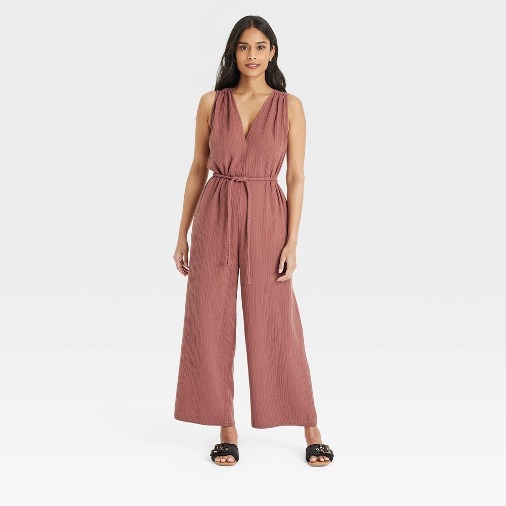 Gauzy Tie-Waist Target Jumpsuit - Brown, rust L